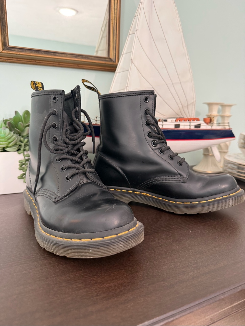 Dr. Martens Black Leather 8-Eye Combat Boots with Yellow Stitching